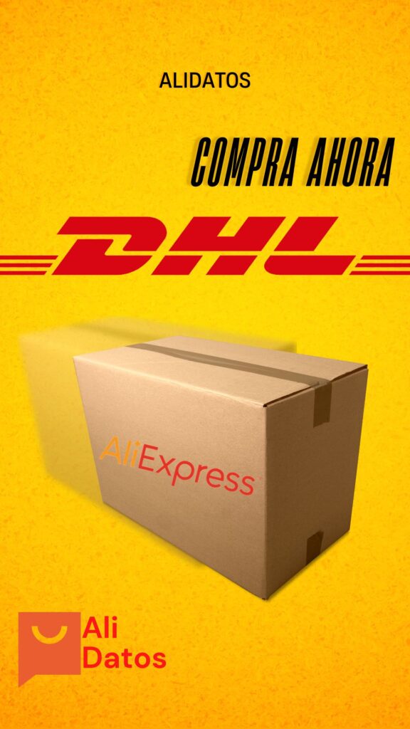 Paquete con logotipos de AliExpress y DHL, representando el proceso de envío y entrega acelerada