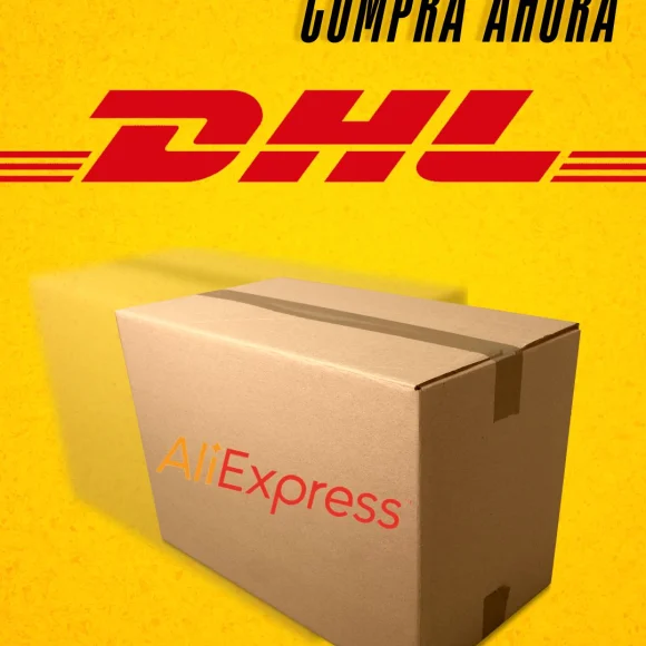 Paquete con logotipos de AliExpress y DHL, representando el proceso de envío y entrega acelerada