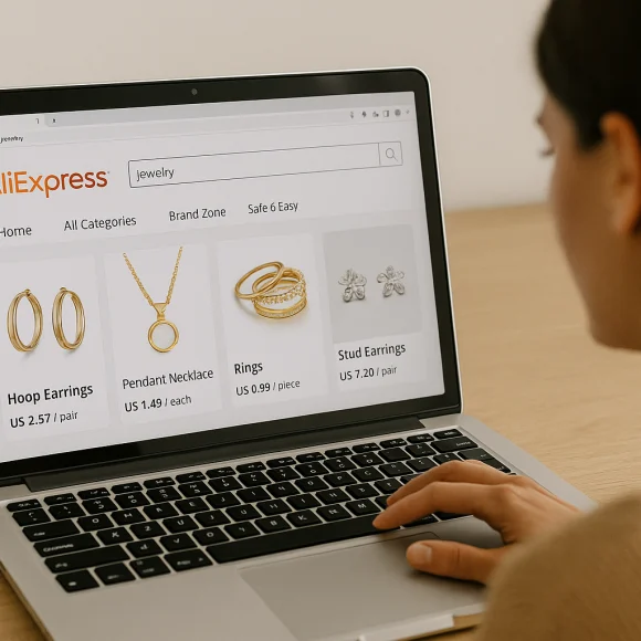 Mujer comprando joyas de acero por aliexpress