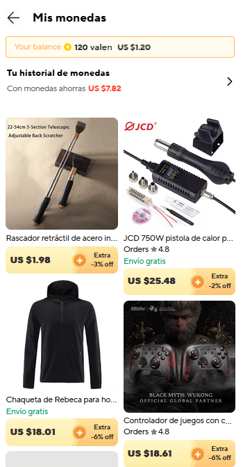 monedas acumuladas para ser canjeadas, 120 monedas equivalen 1.2 usd