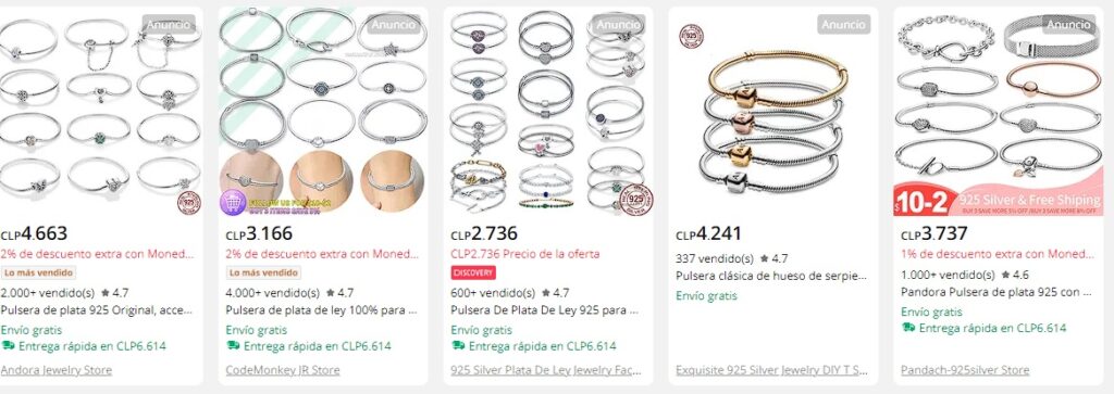 Comparativa de precios pulseras de plata, alidatos.com