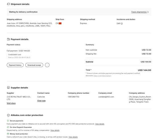 detalles de envio de una compra en alibaba